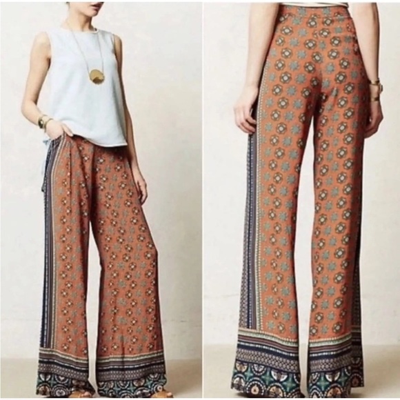 Anthropologie Elevenses Wide Leg Palazzo Bohemian Print Blue Orange Pants Size 4 - Picture 2 of 9